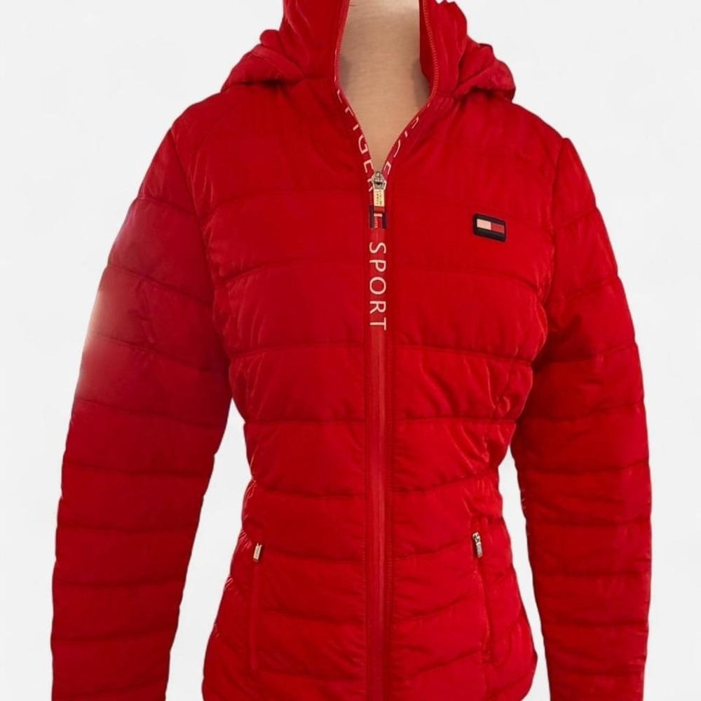 Tommy Hilfiger Sport Womens Red Puffer Jacket Hooded Quilted Zip Up Medium